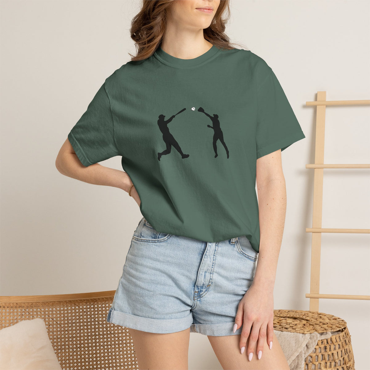 Minimalist baseball players silhouette graphic T-shirt by Printify, featuring a simple baseball-themed design on a casual tee.