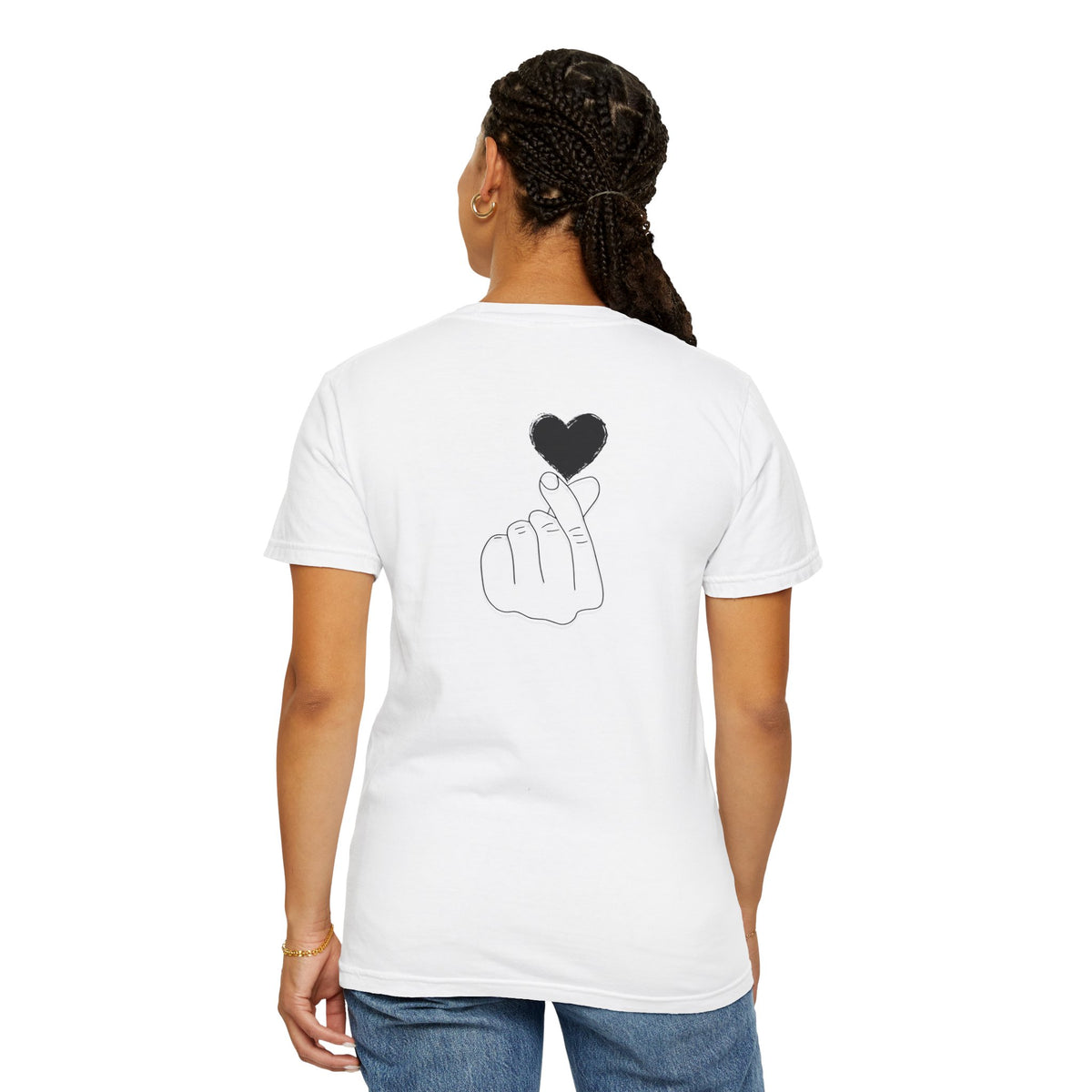 Black T-shirt featuring a minimal finger heart graphic design, ideal for casual wear and expressing love or affection.