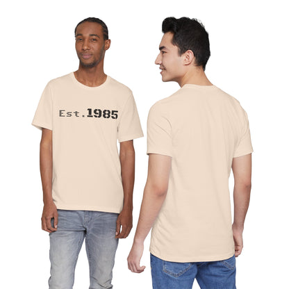 Vintage Est. 1985 graphic T-shirt by Printify featuring retro year design and casual style.