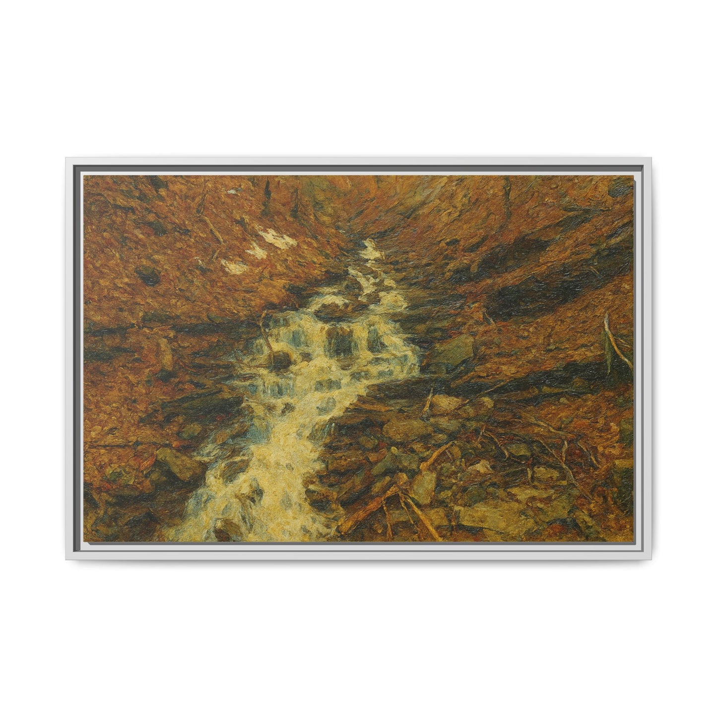 Framed matte canvas print of autumn stream landscape artwork, featuring vibrant fall colors and natural scenery by Printify.