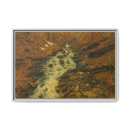 Framed matte canvas print of autumn stream landscape artwork, featuring vibrant fall colors and natural scenery by Printify.