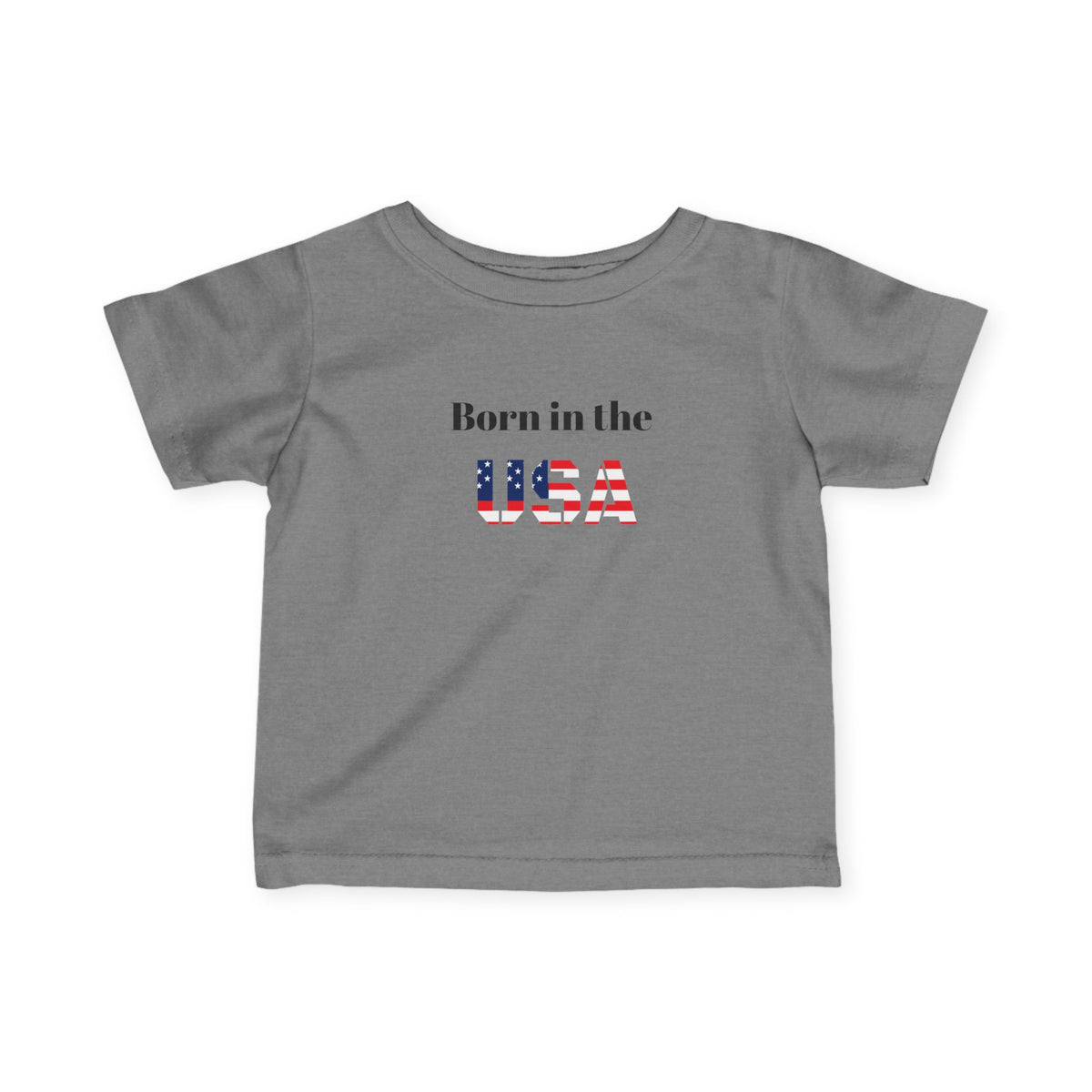 Infant baby T-shirt with "Born in the USA" patriotic print, featuring red, white, and blue colors, made by Printify.