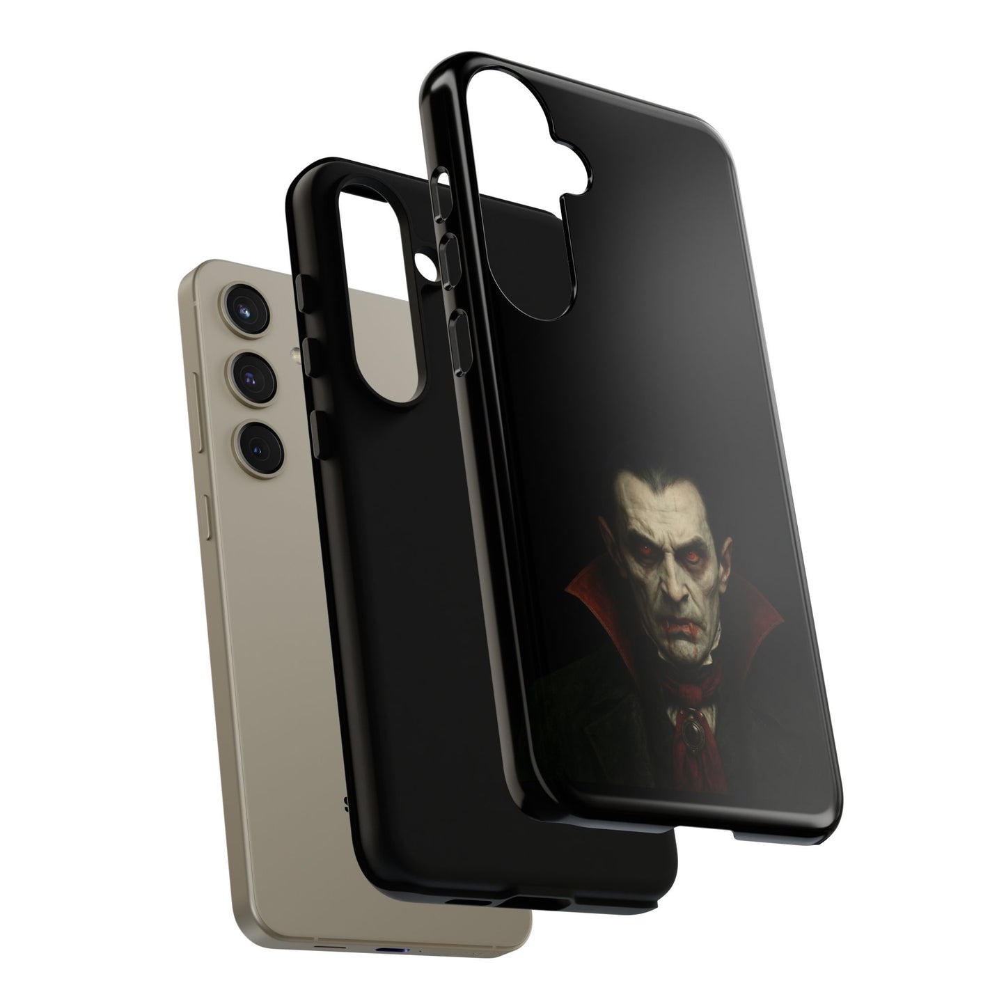 Gothic vampire portrait phone case featuring Dracula horror design on an iPhone cover, by Printify.