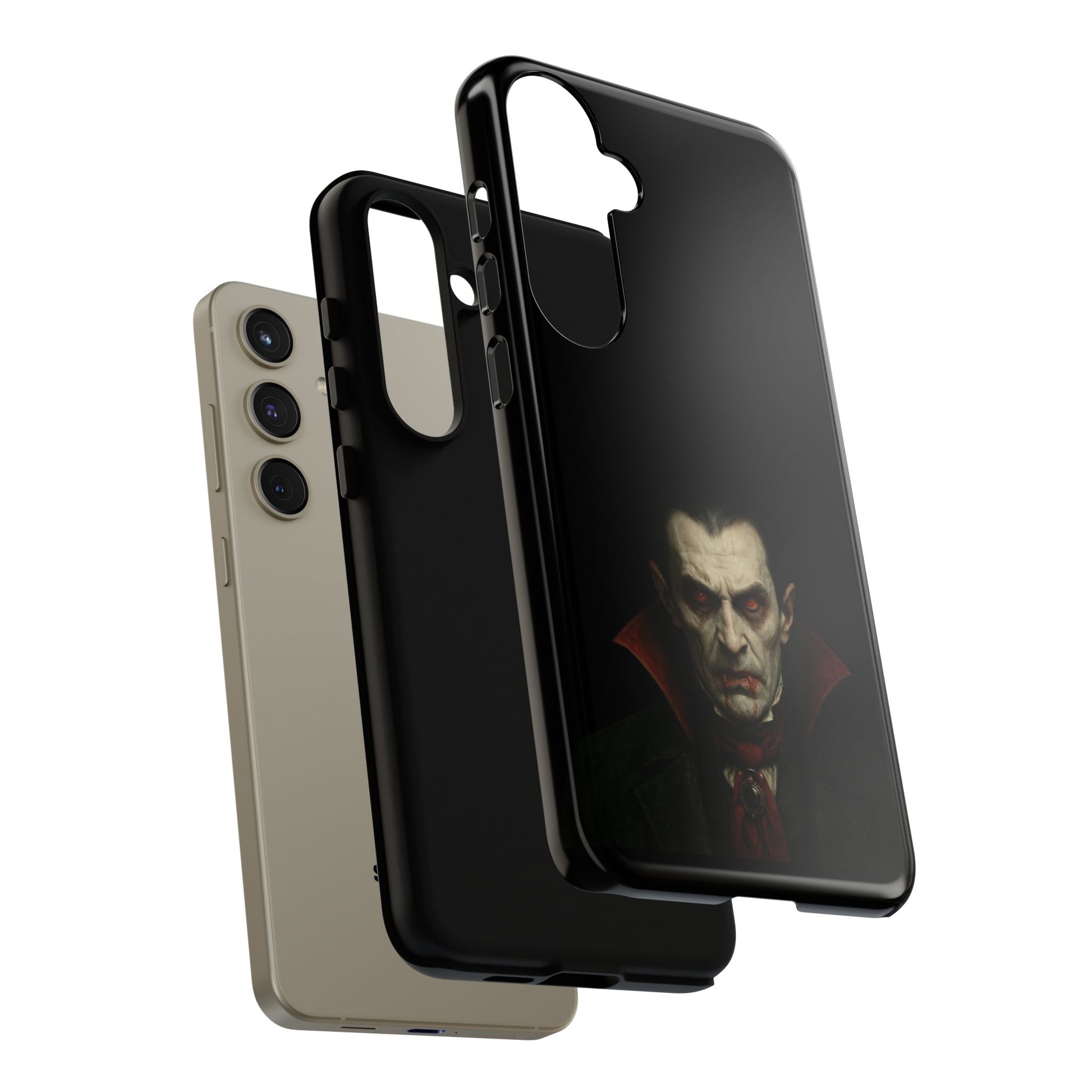 Gothic vampire portrait phone case featuring Dracula horror design on an iPhone cover, by Printify.