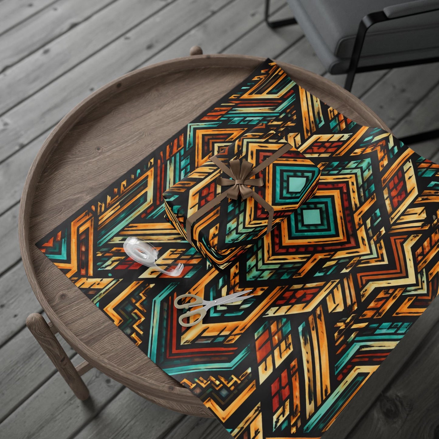 Geometric Boho Wrapping Paper Roll — Teal & Burnt Orange Tribal Pattern