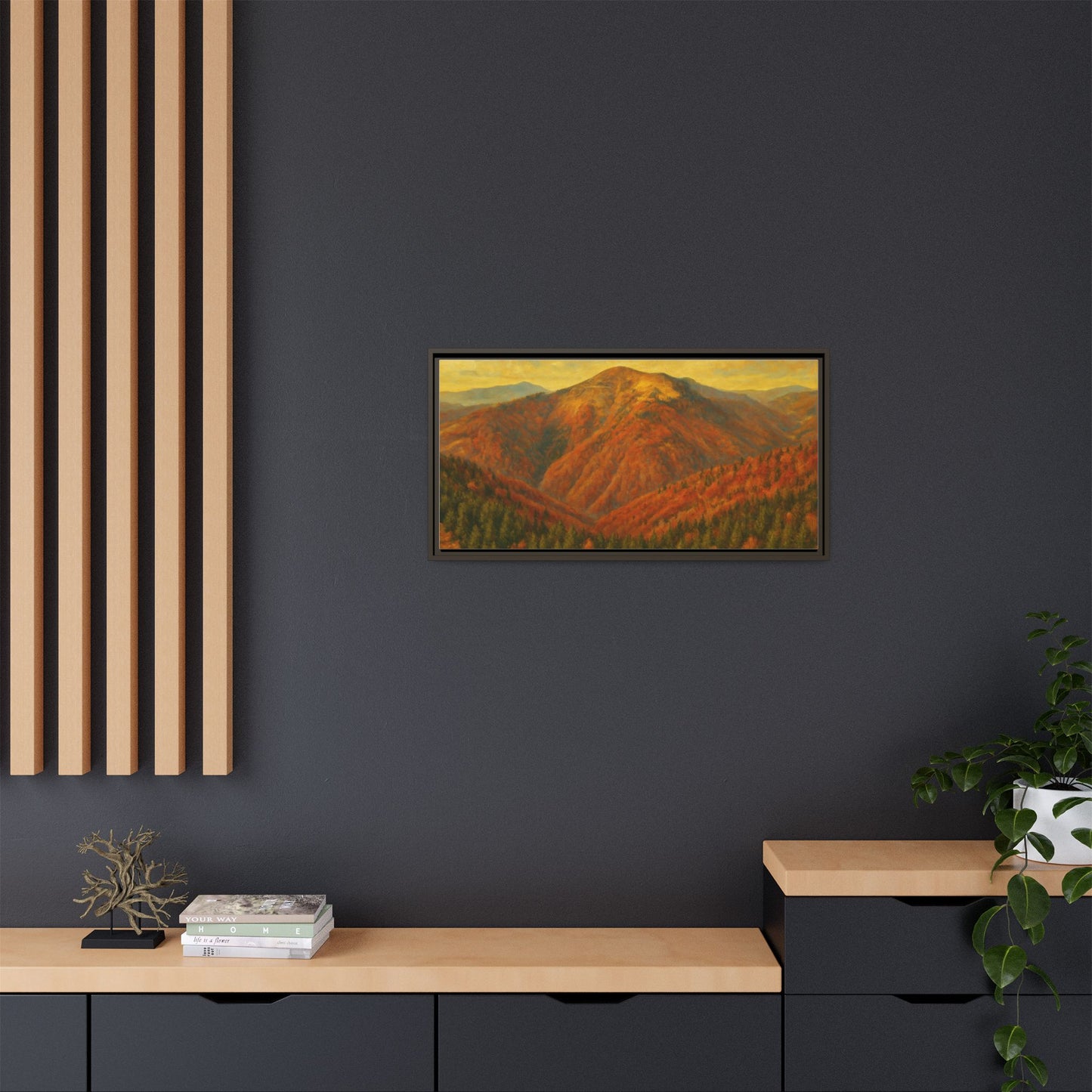 Autumn mountain landscape canvas wall art by Printify featuring a matte framed print of a scenic mountain scene.