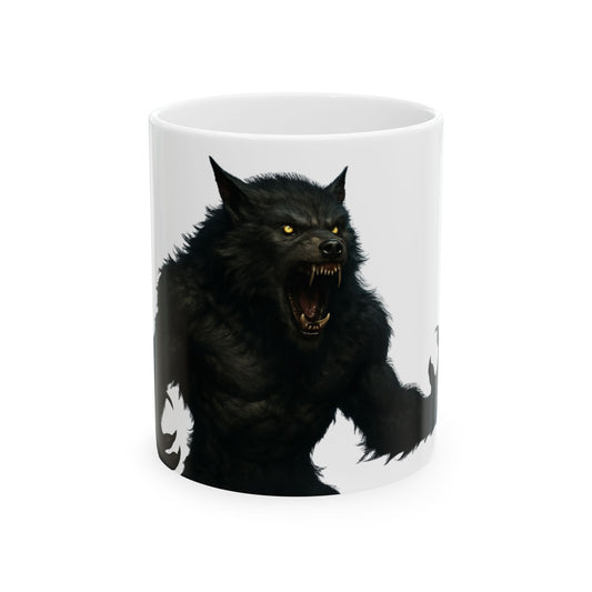 Werewolf Coffee Mug featuring a scary howling wolf design, ceramic mug available in 11oz and 15oz sizes.