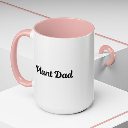 Black-handle Plant Dad coffee mug featuring green plant illustrations, perfect for plant lover gift, 11oz or 15oz size.
