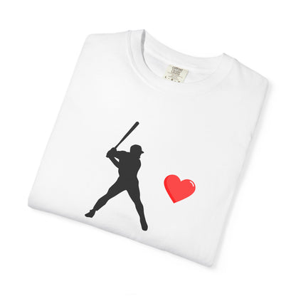 Printify baseball batter heart T-shirt showing a graphic of a batter swinging with a heart design in the background.