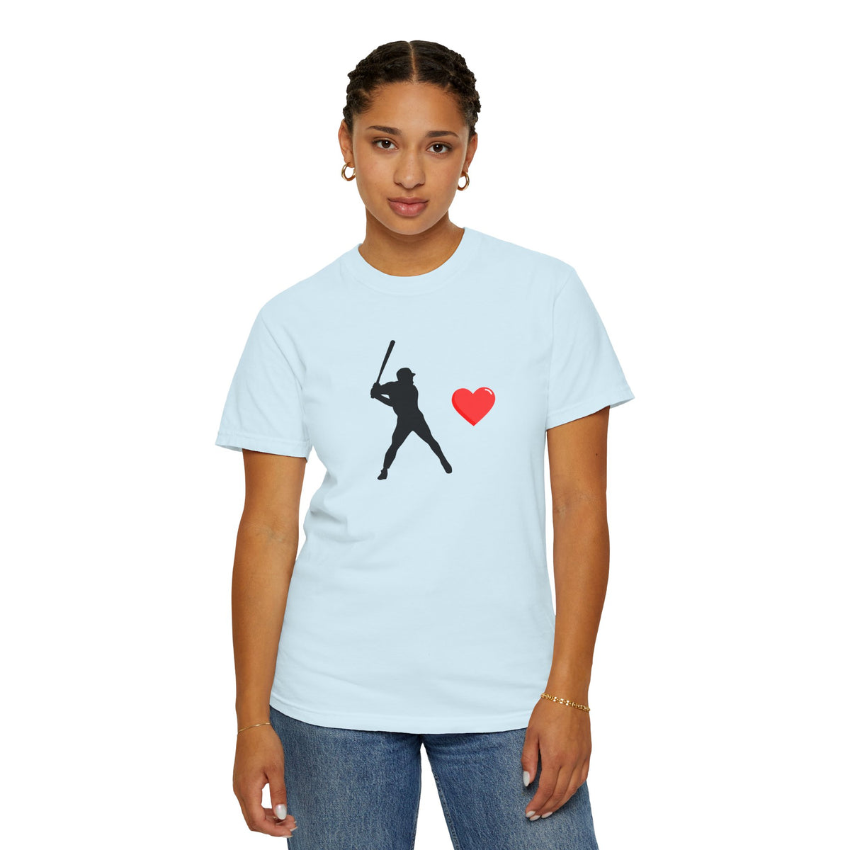 White baseball-themed heart T-shirt by Printify featuring a bold batter graphic on the front, casual and comfortable for everyday wear.
