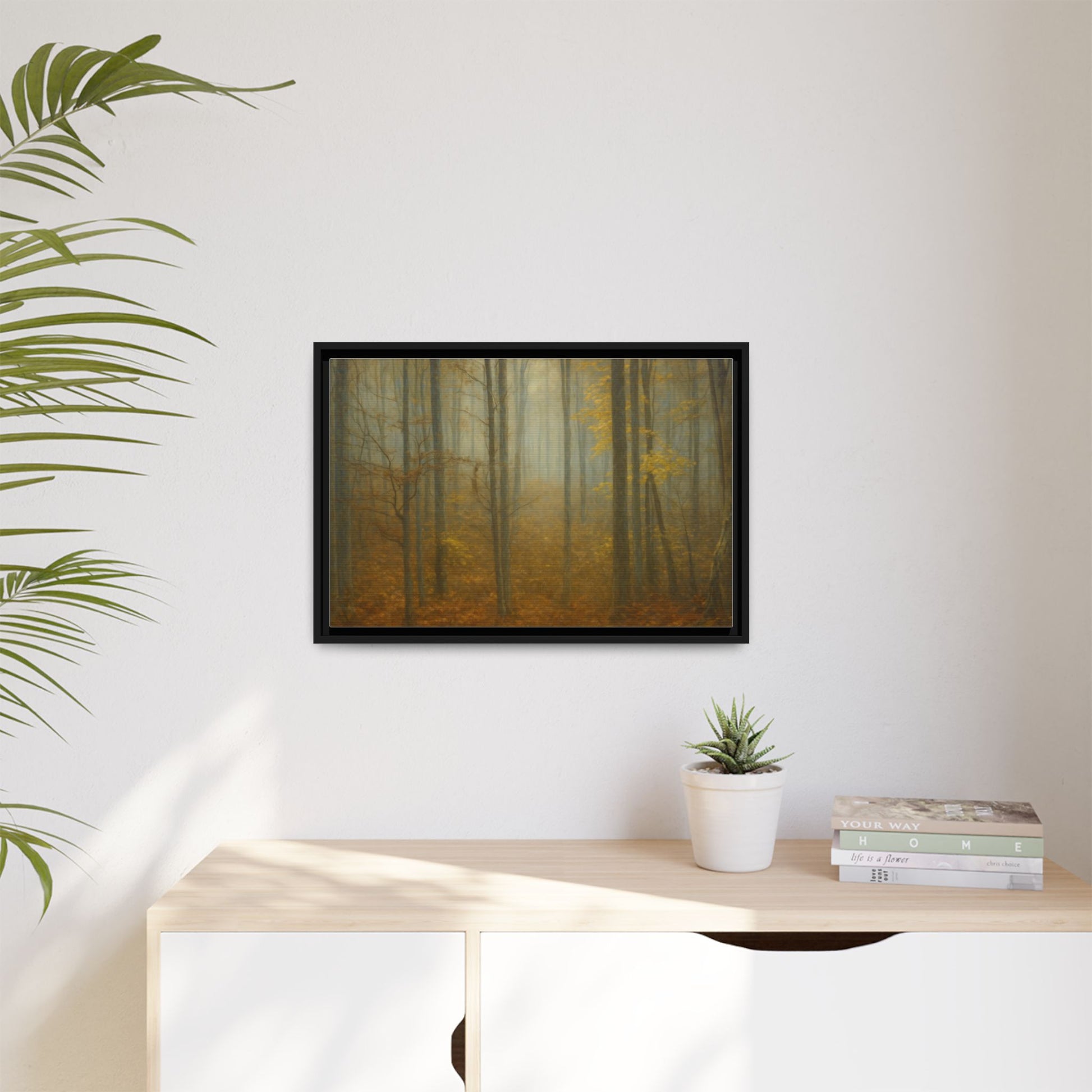 Framed matte canvas wall art of a misty autumn forest landscape, featuring warm fall colors and trees, by Printify.