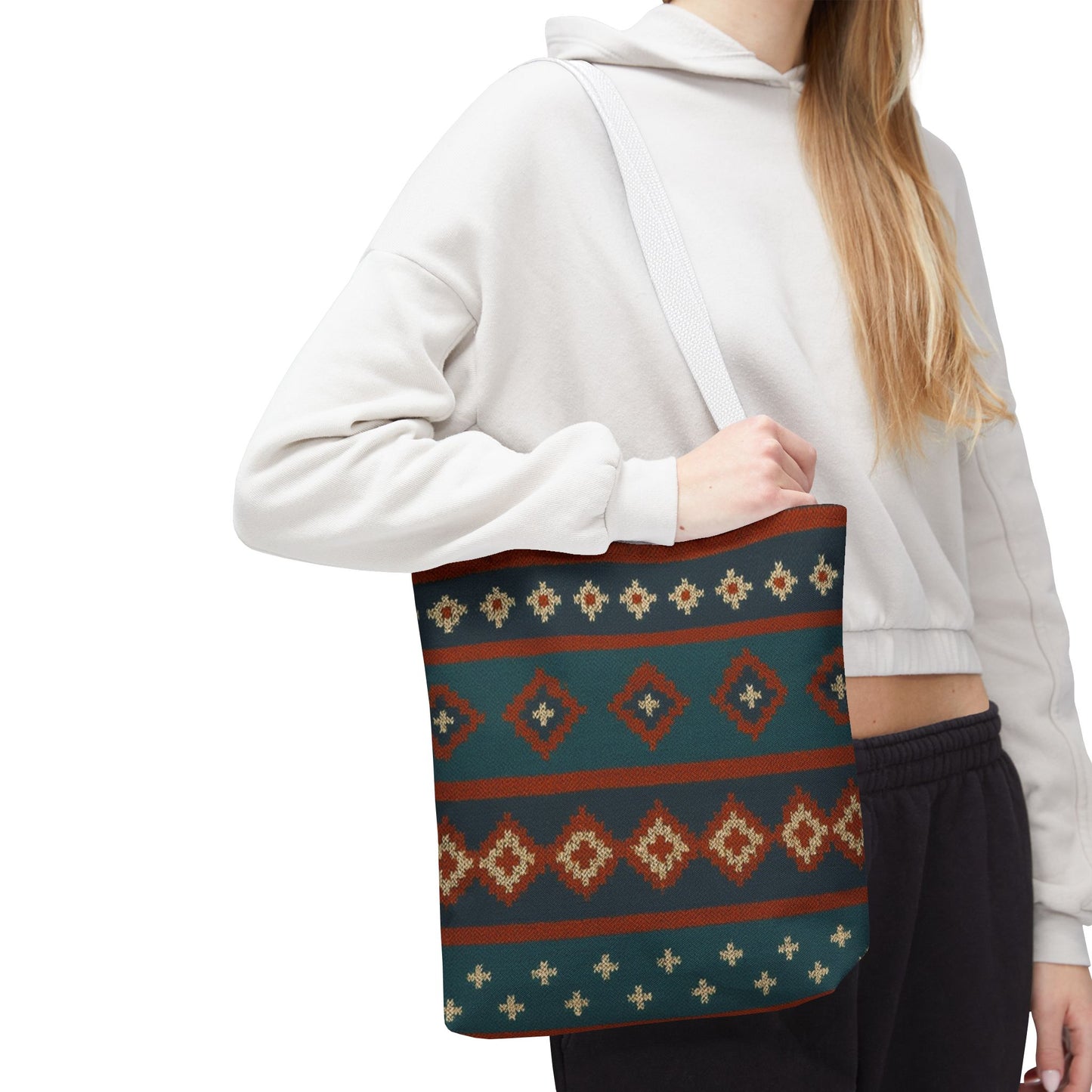 Southwestern diamond pattern tote bag with Aztec tribal geometric print, featuring sturdy handles and vibrant design.