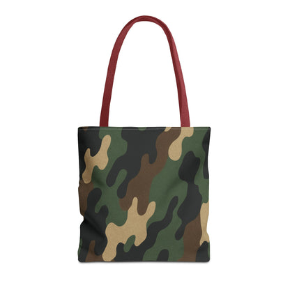Camo pattern tote bag from Printify featuring all-over printed canvas design, ideal for carrying essentials in style.