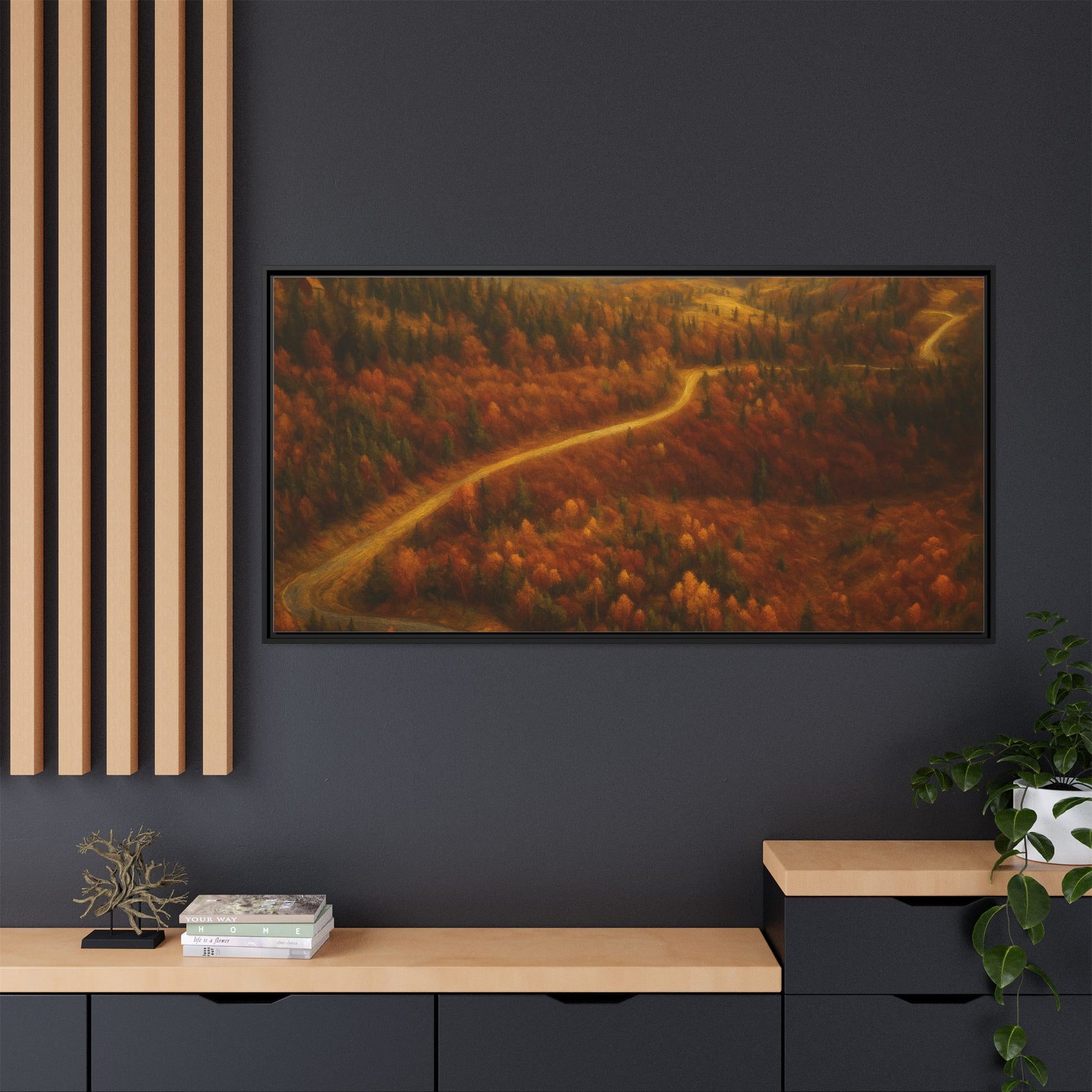 Framed matte canvas print of autumn forest road landscape wall art by Printify, showing vibrant fall colors and scenic forest path.
