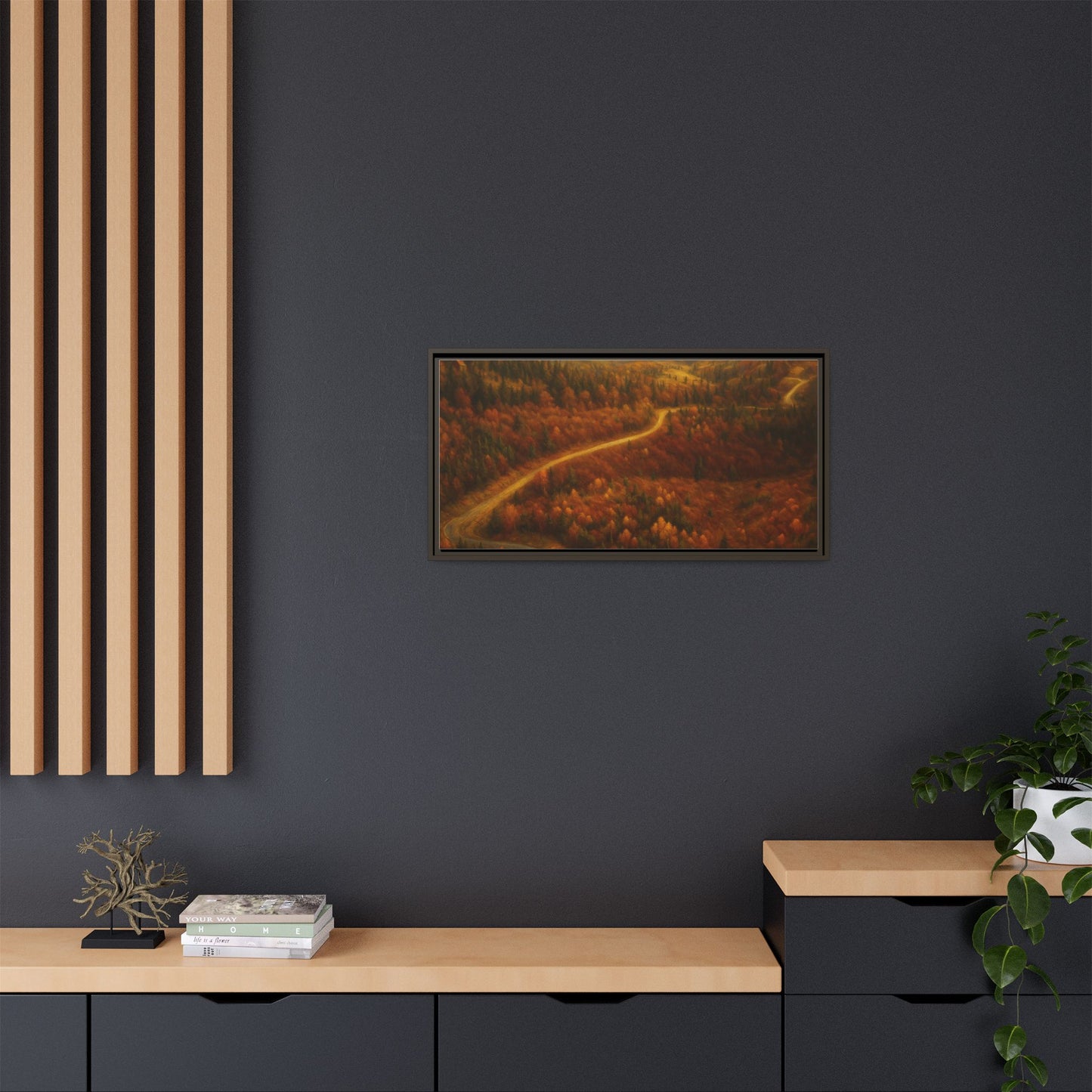 Framed matte canvas print of autumn forest road landscape wall art by Printify, showcasing vibrant fall trees and a scenic path.