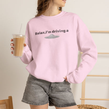Relaxing UFO Driving Sweatshirt, Funny Gift for UFO Lovers, Unisex Crewneck Pullover, Casual Wear, Space Enthusiast Apparel
