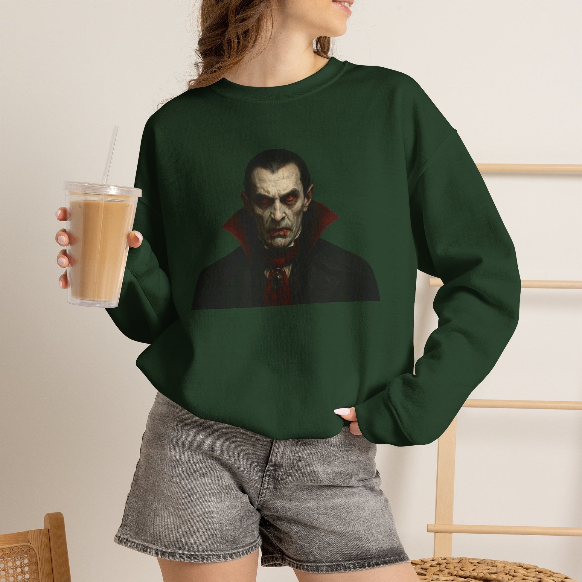 Vampire portrait crewneck sweatshirt by Printify featuring a detailed vampire design on a comfortable, casual sweatshirt.