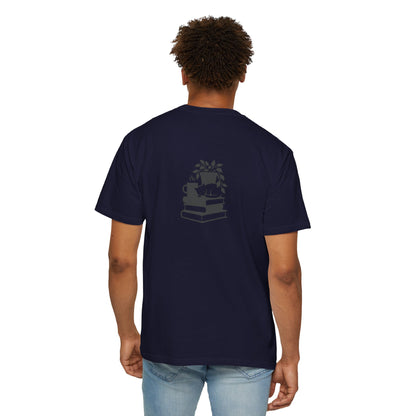 Cozy Cat on Books T-Shirt | Reading Tea Stack Illustration
