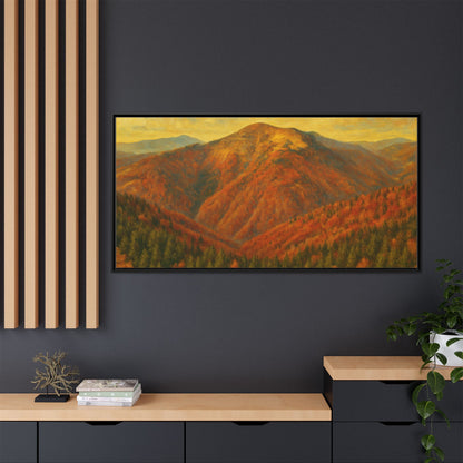 Autumn mountain matte canvas framed wall art by Printify featuring a scenic mountain landscape with fall foliage.