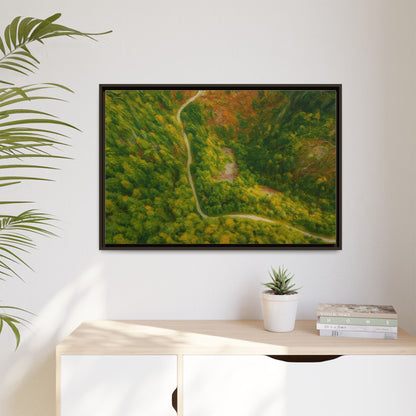 Framed matte canvas wall art featuring a colorful aerial forest path landscape by Printify