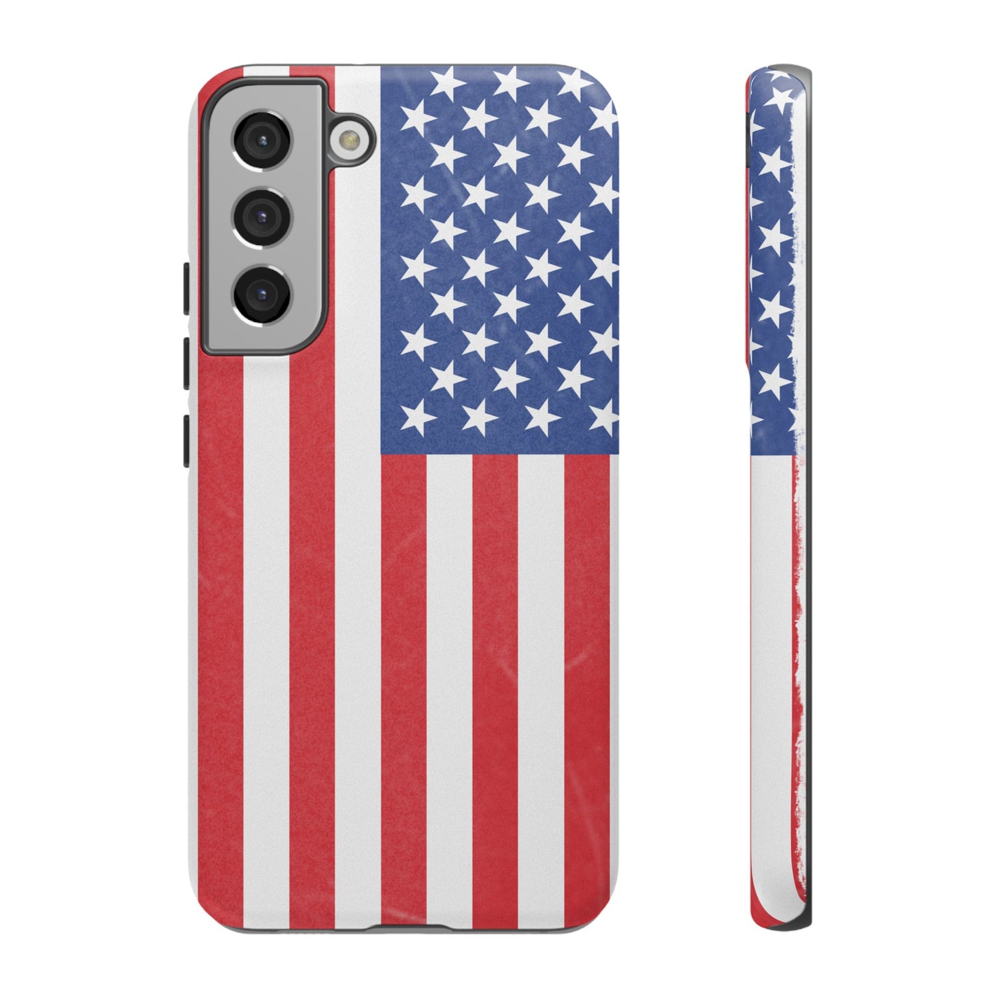 Durable American flag tough phone case for iPhone, patriotic design with bold red, white, and blue colors, by Printify.