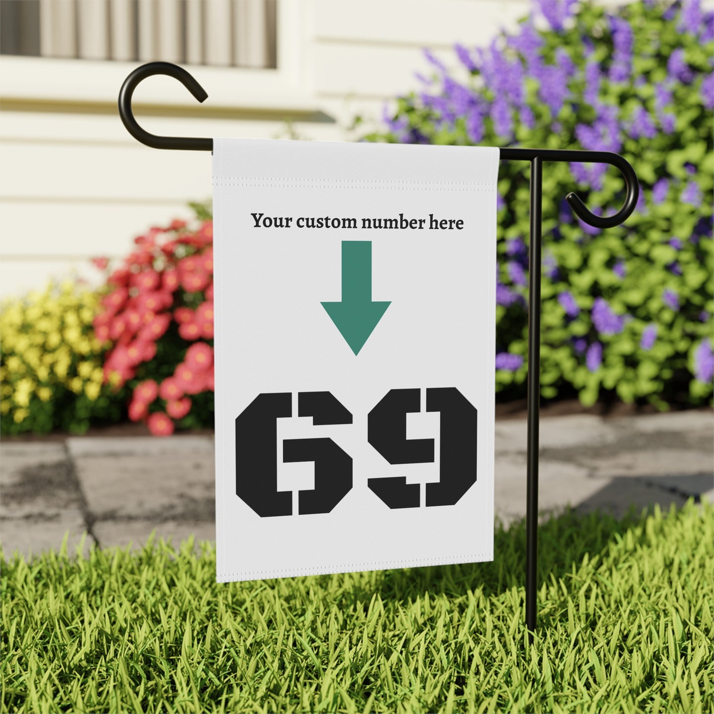 Personalized garden flag with custom house number sign, featuring a decorative garden banner with printed house number.