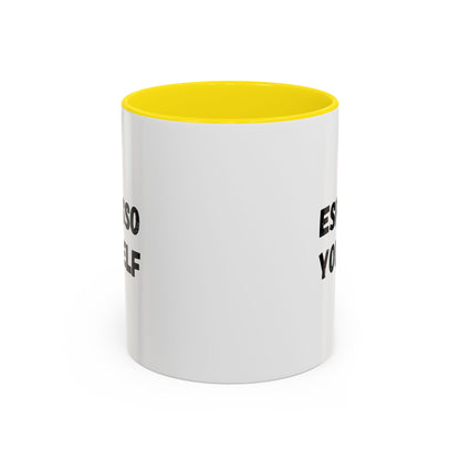 White ceramic espresso yourself accent coffee mug with humorous text, 11 oz, perfect for coffee lovers.