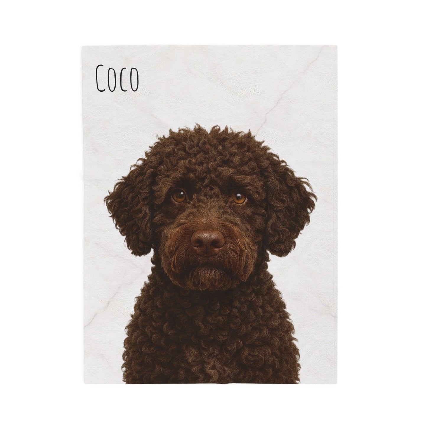 Custom brown Labradoodle portrait blanket with velveteen plush fabric, featuring all-over print design by Printify.