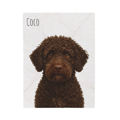 Custom brown Labradoodle portrait blanket with velveteen plush fabric, featuring all-over print design by Printify.