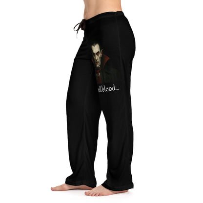 Women's Vampire Sleep Pants with "I Smell Blood" all-over print, comfortable pajama bottoms featuring spooky vampire-themed design.
