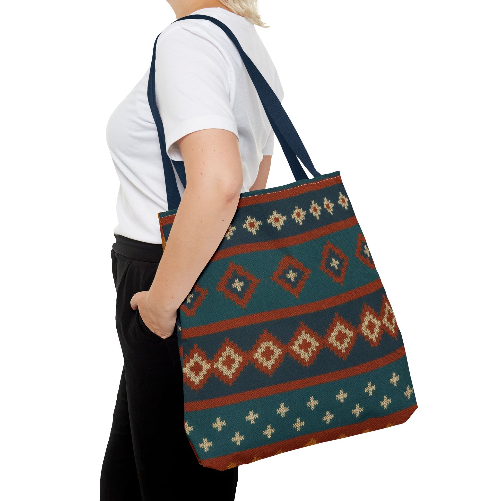 Southwestern diamond pattern tote bag with Aztec tribal geometric print, made by Printify, showcasing colorful fabric and sturdy handles.