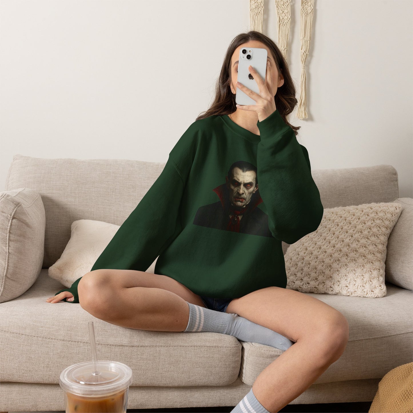 Black Vampire Portrait crewneck sweatshirt from Printify featuring a detailed vampire illustration on the front.