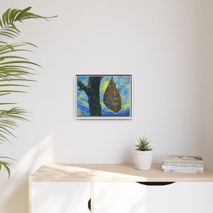 Framed matte canvas art of a starry nut cluster featuring dried plums in a tree, printed by Printify.