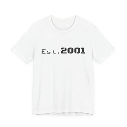 Retro minimalist Est. 2001 graphic T-shirt by Printify featuring a simple birthyear design on a casual cotton tee.
