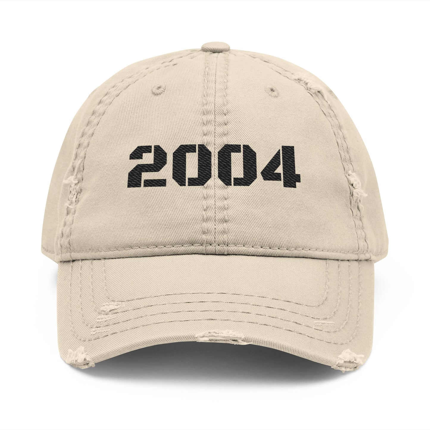Vintage distressed 2004 dad hat with embroidered design, classic baseball cap style by Printify.