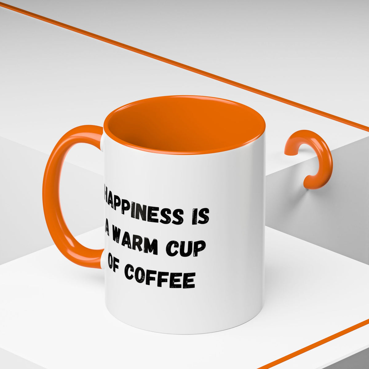 Ceramic coffee mug with "Happiness Is A Warm Cup Of Coffee" quote, featuring a white background and black text.