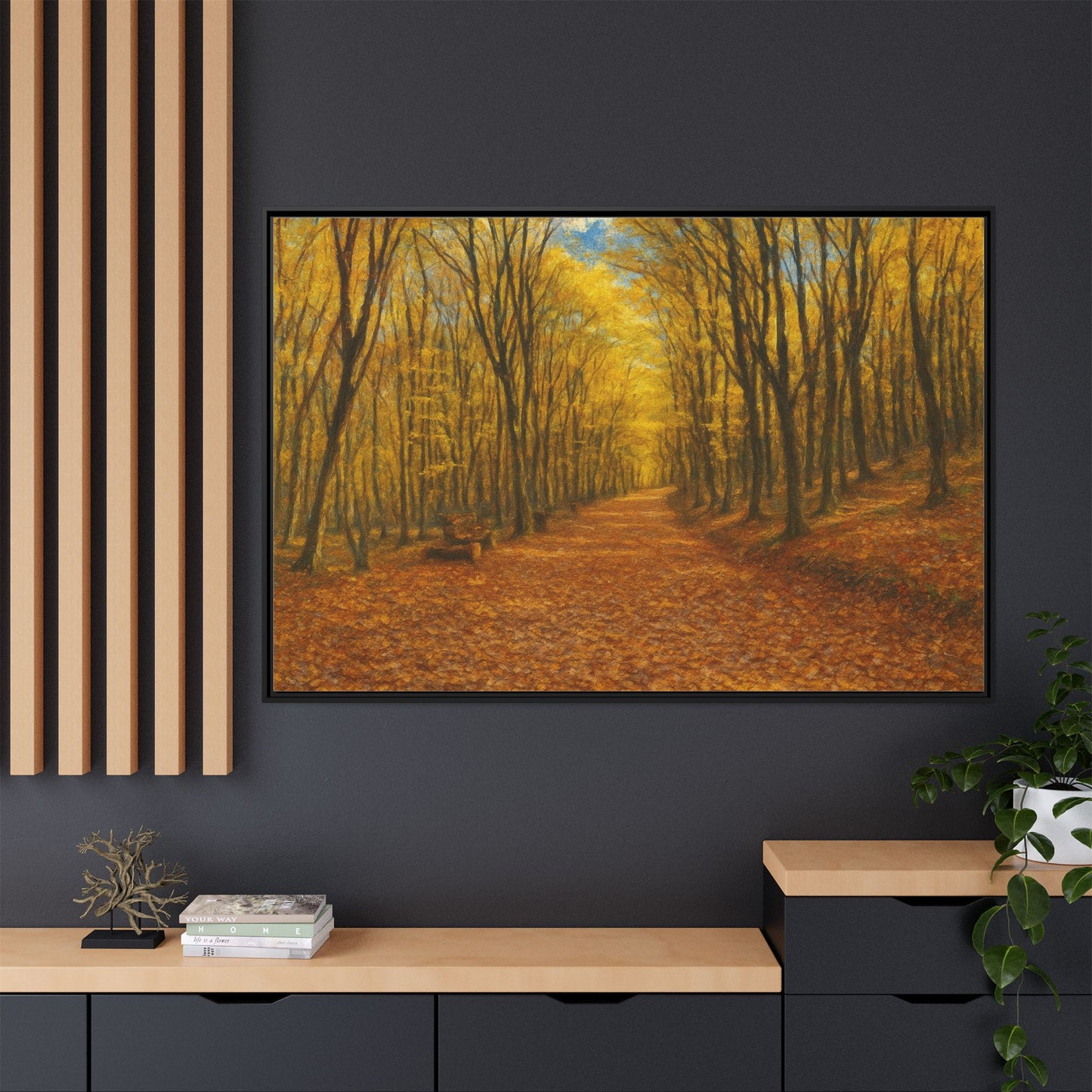 Autumn forest path matte canvas wall art by Printify showing a scenic woodland trail with colorful fall foliage.