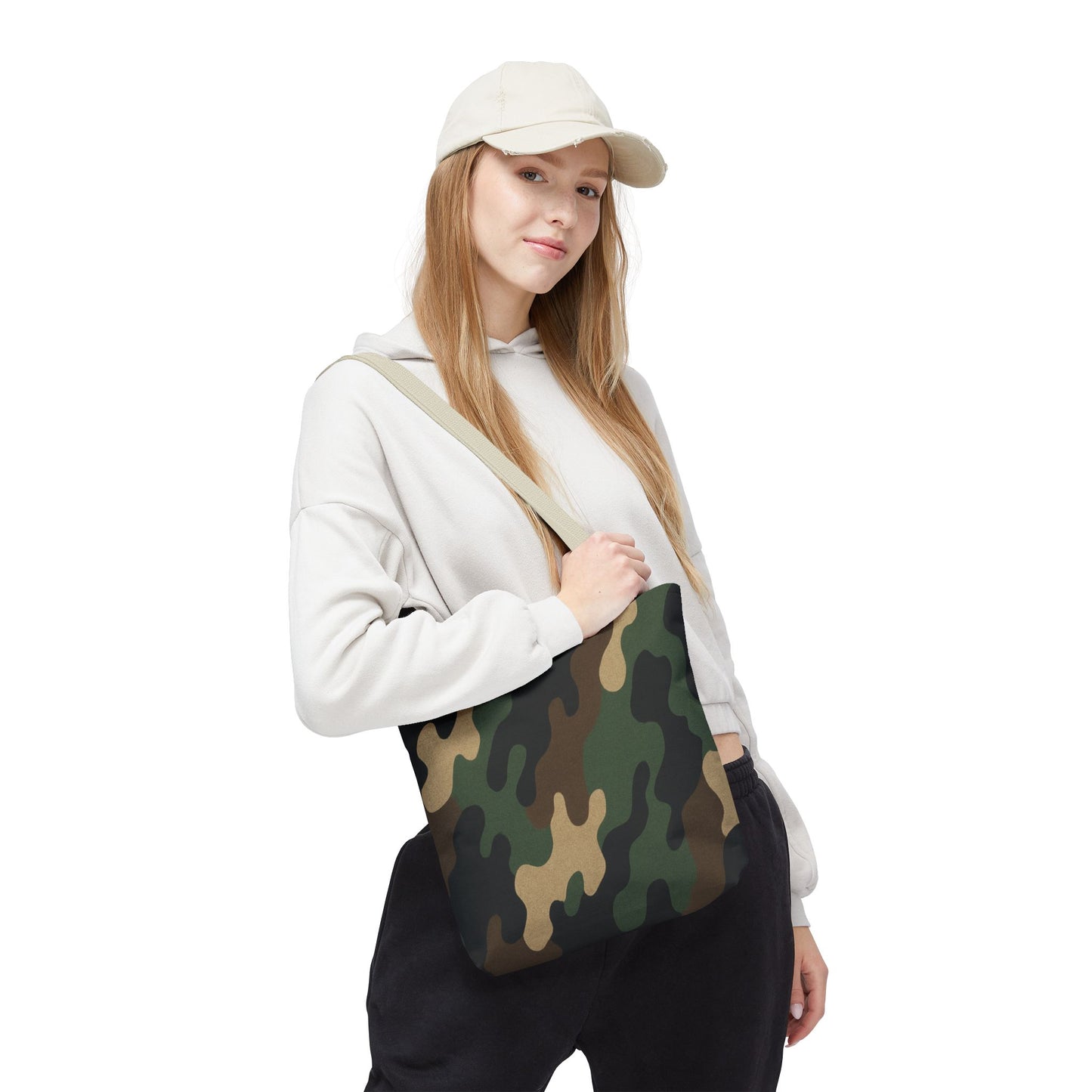 Camo pattern tote bag by Printify with all-over camouflage print, made of durable canvas, ideal for carrying daily essentials.