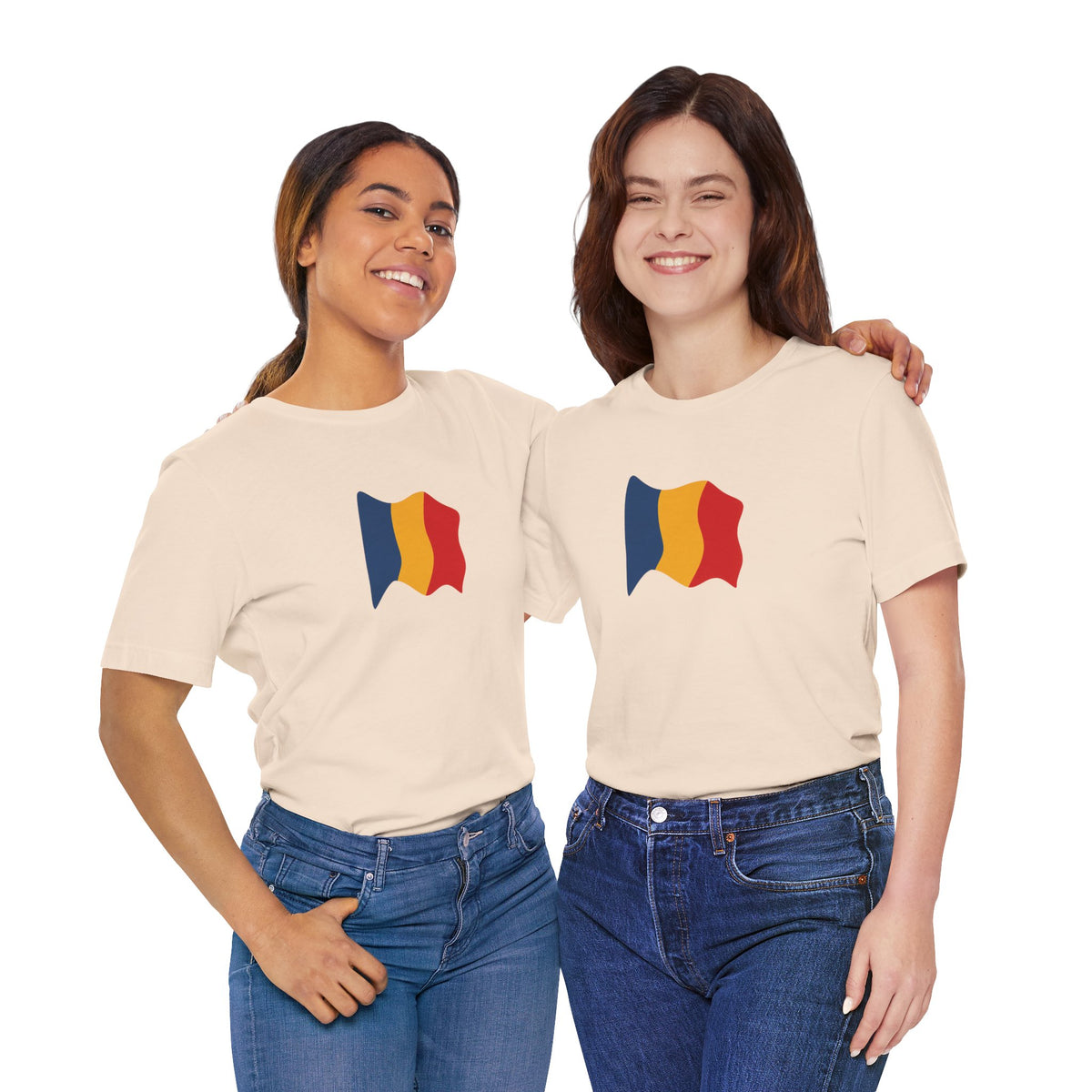 Romania flag T-shirt by Printify featuring a minimal waving tricolor design on a casual cotton tee.