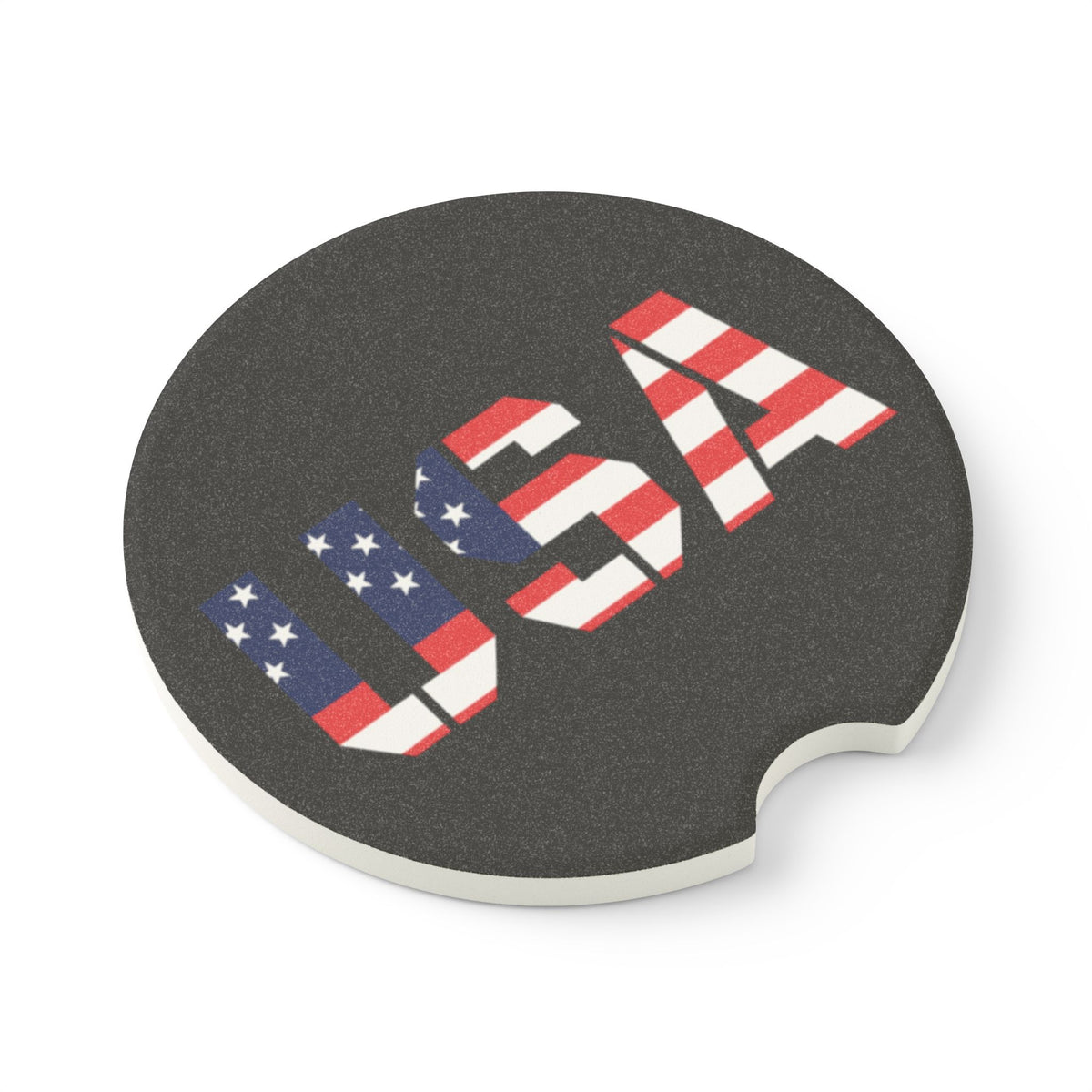 USA flag soapstone car coaster featuring patriotic design, fits in vehicle cup holder, made by Printify for car drink protection.