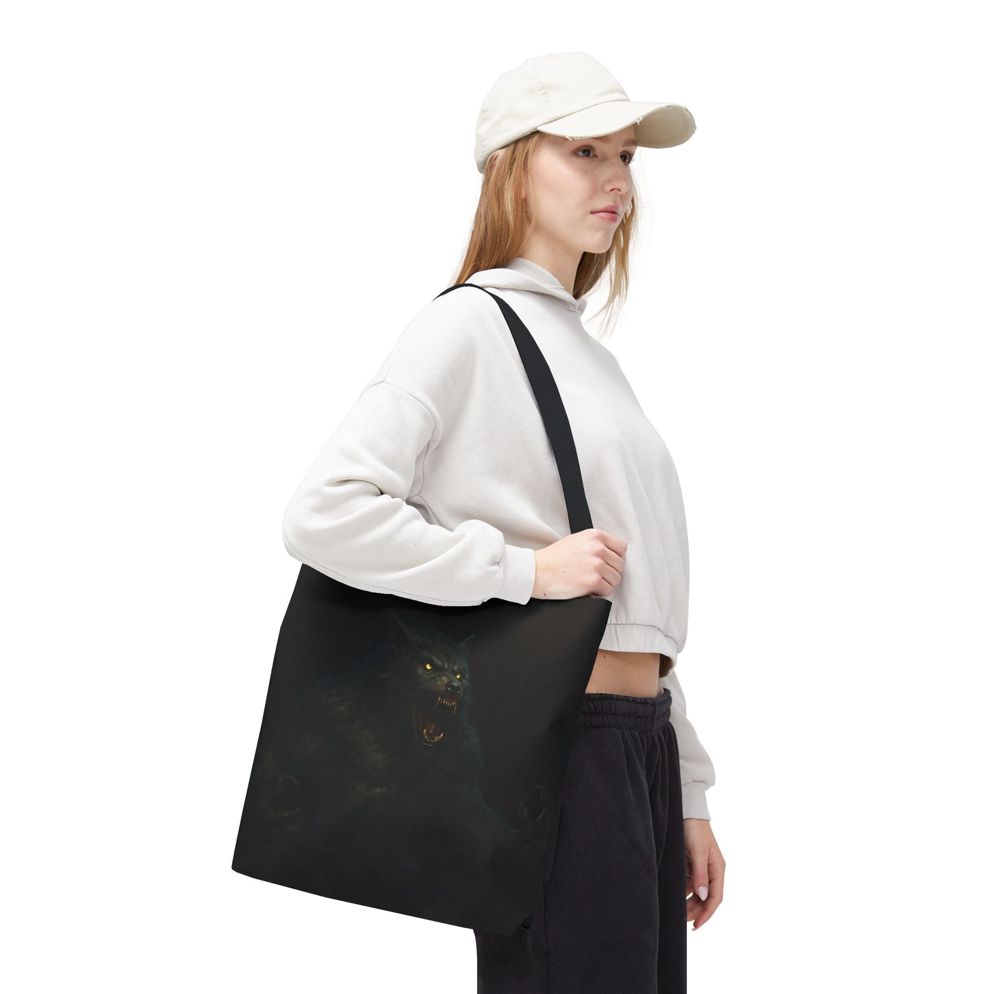 Werewolf tote bag featuring dark Halloween art, perfect gift for horror fans, made by Printify.