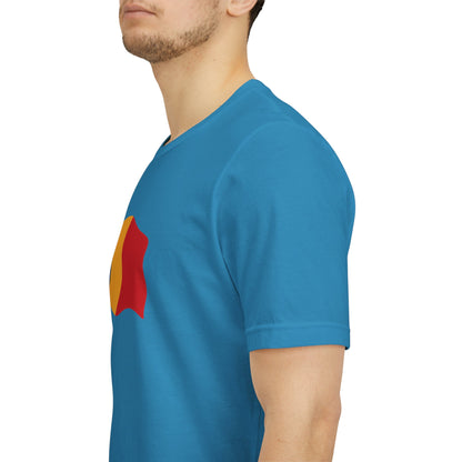 Romania flag T-shirt by Printify featuring a minimal waving tricolor design on a casual cotton tee.
