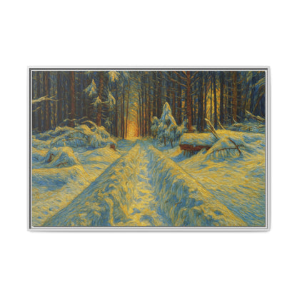Framed matte canvas print of a snowy forest path at sunset, wall art by Printify showing winter landscape with trees and sky.