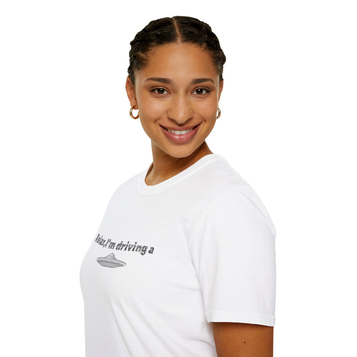 Funny alien graphic T-shirt by Printify featuring a UFO design, perfect for sci-fi fans and casual wear.