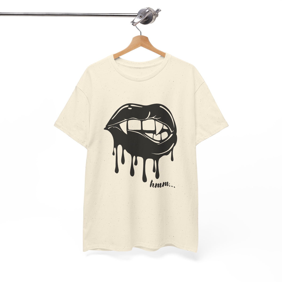Graphic T-shirt by Printify featuring a dripping lips 'hmm...' bite design, with bold black and red print on a white background.