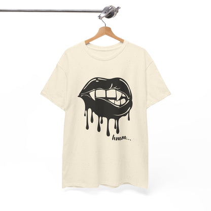 Graphic T-shirt by Printify featuring a dripping lips 'hmm...' bite design, with bold black and red print on a white background.