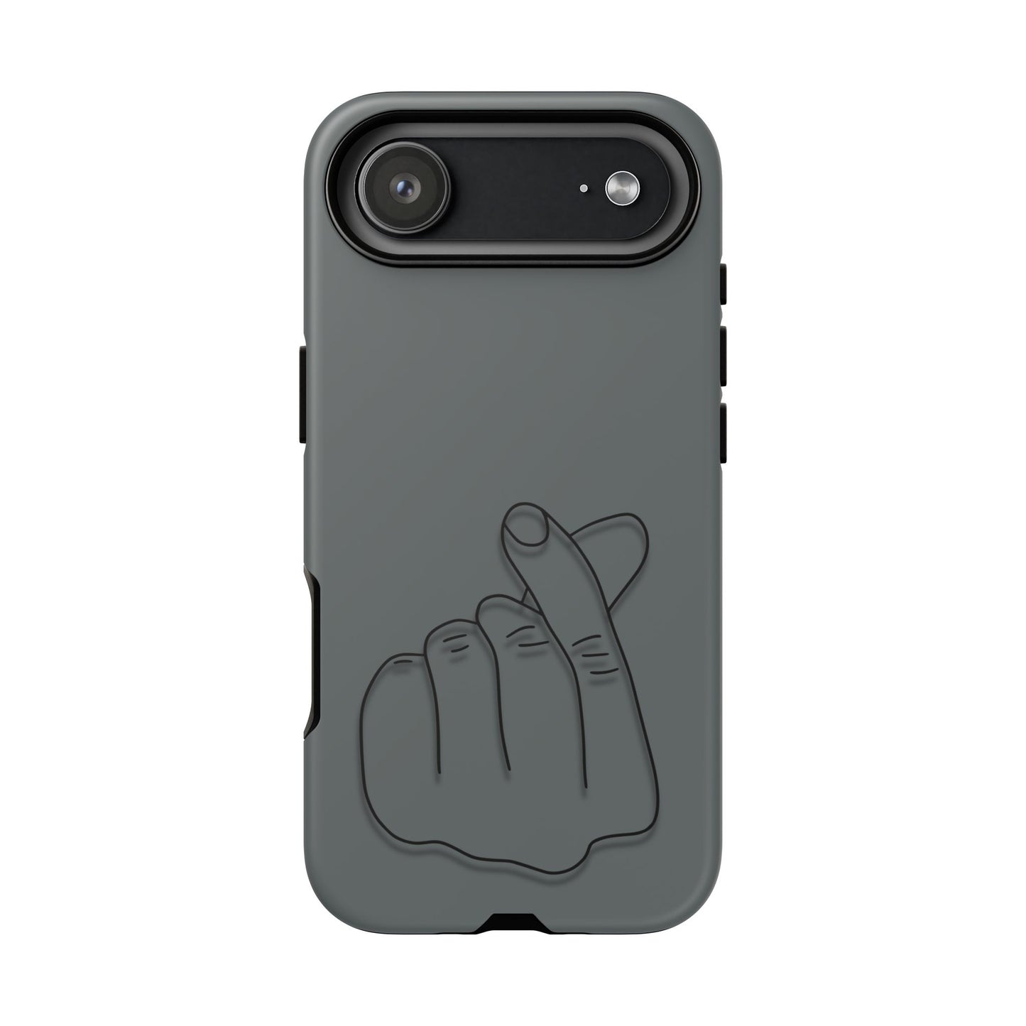 Silicone phone case with embossed Korean finger heart design, compatible with smartphones, by Printify.
