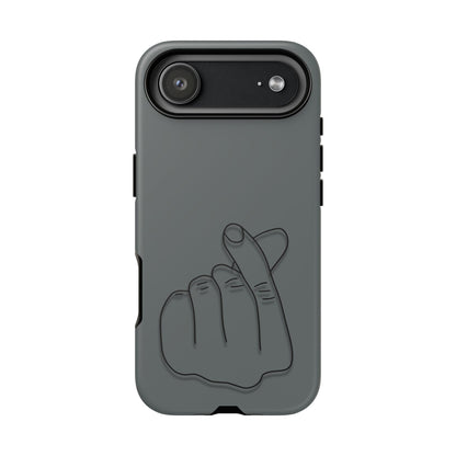 Silicone phone case with embossed Korean finger heart design, compatible with smartphones, by Printify.