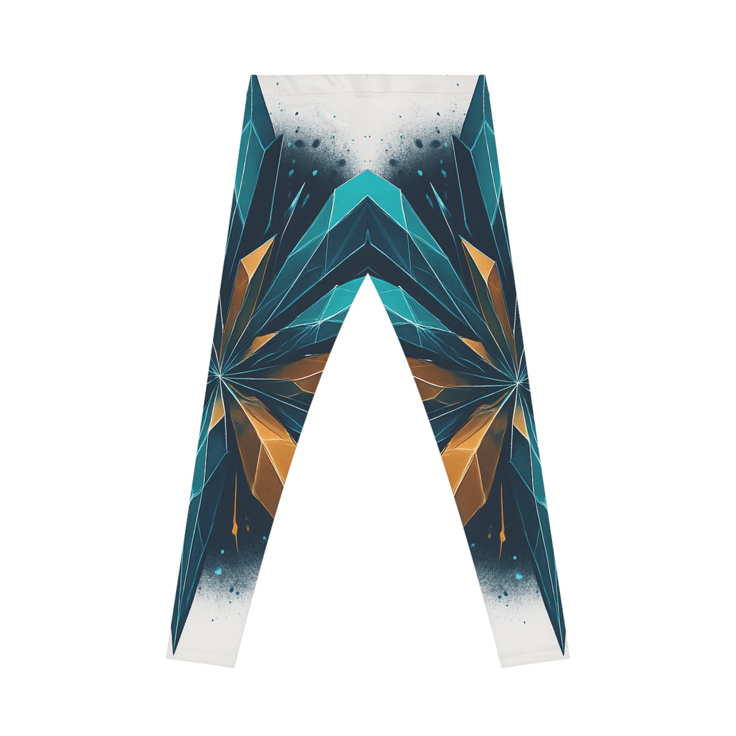 Geometric prism leggings with bold floral kaleidoscope all-over print, featuring vibrant colorful patterns on stretchy fabric.