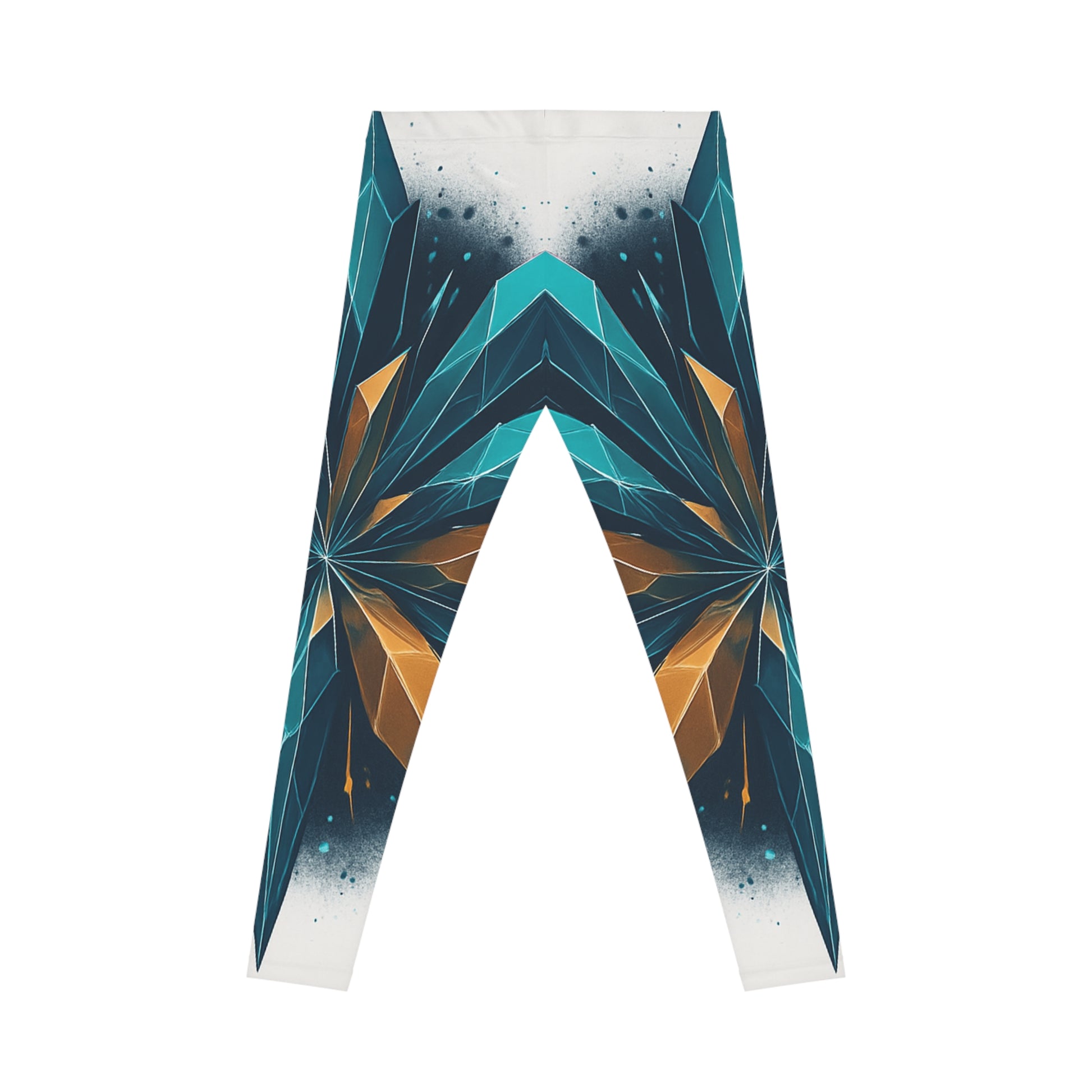 Geometric prism leggings with bold floral kaleidoscope all-over print, featuring vibrant colorful patterns on stretchy fabric.